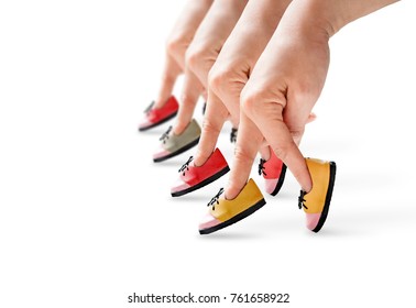 People Hand Finger Walking With Shoe, Unity Teamwork Concept, Traveler Adventure Outdoor Summer Vacations Concept, 
Healthy Lifestyle Concept. 