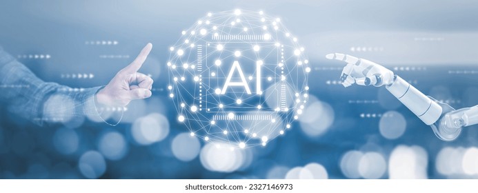 People hand and Hand robots touch virtual screen AI, artificial intelligence software engineer coding on laptop computers with technology icons and binary code, big data, coding Ai robot digital
