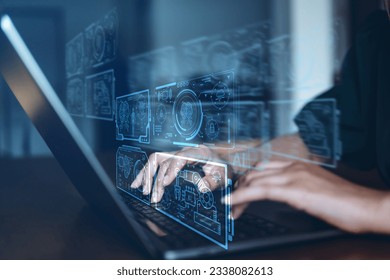 People hand touching computer keyboard with futuristic digital by computer laptop on a new project of AI(Artificial Intelligence), Technology and automatic AI chat, Data digital access, screen touch, 