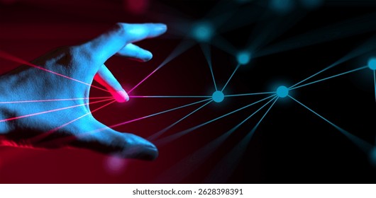 people hand touching a hologram ui of network security, businessman and holographic system
