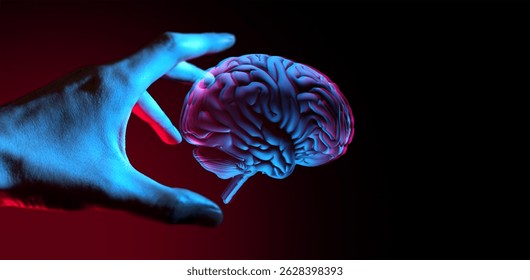 people hand touching a hologram ui of network neuron, businessman holding an brain icon in holographic system