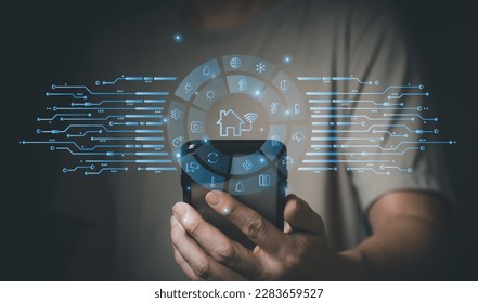 People hand using smartphone or computer laptop to access smart home application from internet wireless connection to control and monitoring smart device inside of the house. Internet of things. - Powered by Shutterstock