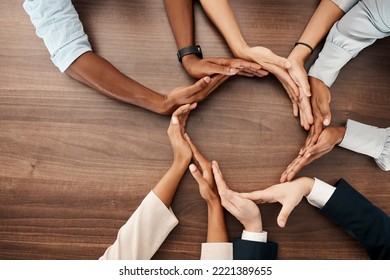 People with hands in circle, business diversity and banner for global recruitment marketing. Round table meeting, solidarity in corporate workplace, group collaboration and united nations community - Powered by Shutterstock