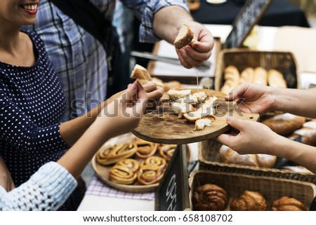 People Hands Eating Testing Sample Homemade Bread