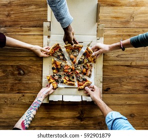 People Hands Grabbing Pizza from Delivery Box