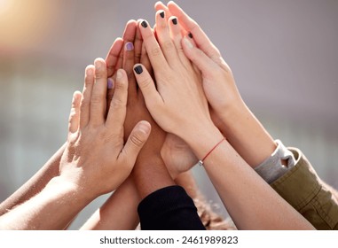 People, hands and group high five for community solidarity or justice support for gender equality, united or deal. Teamwork, celebration and victory together for charity mission, union or partner - Powered by Shutterstock