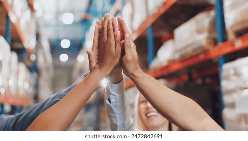 People, hands and high five in logistics warehouse together, celebration and support for winning in commercial business. Collaboration, teamwork and distribution or shipping company, goals and target - Powered by Shutterstock