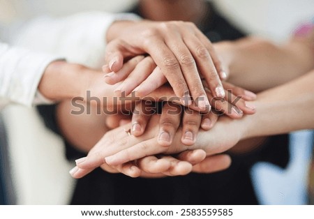 People, hands and stack in office for teamwork, project motivation and synergy. Design group, huddle and coworkers in agency with support, colleague appreciation and creative collaboration in circle