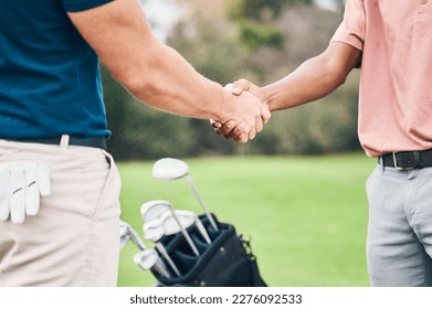 People, handshake and golf sport for partnership, trust or unity in community, collaboration or teamwork on grass field. Team of sporty players shaking hands on golfing course for club, game or match - Powered by Shutterstock