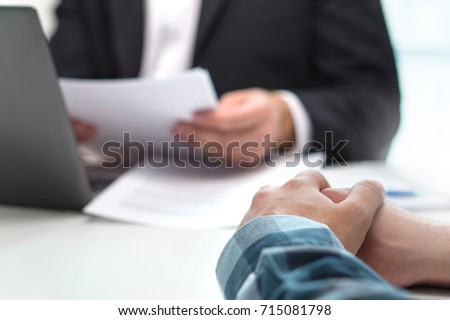 People having meeting in office. Boss with a job applicant in interview. Lawyer with client. Business man or bank worker having discussion about loan or insurance. Financial advice. Giving feedback.