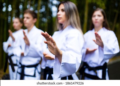 People High Kicks During Training Of Taekwondo Outdoors Bamboo Background