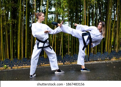 People High Kicks During Training Of Taekwondo Outdoors Bamboo Background