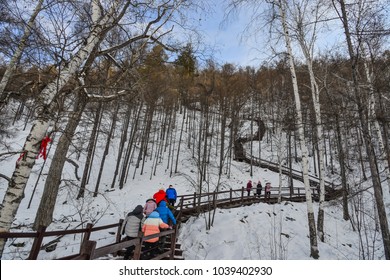 People Hiking On A Wooden Trail To Snow Peak In Mohe, China.