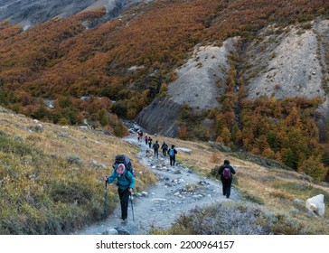 People hiking the Trekking Base Torres in Torres del Paine National Park, Chile