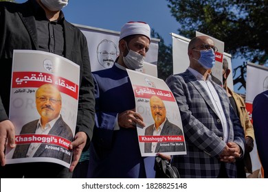 People Hold Pictures Of Jamal Khashoggi During An Event Marking Two-year Anniversary Of The Assassination Of Saudi Dissident Journalist Jamal Khashoggi At The Saudi Consulate In Istanbul, 02 10.2020