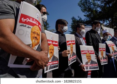 People Hold Pictures Of Jamal Khashoggi During An Event Marking Two-year Anniversary Of The Assassination Of Saudi Dissident Journalist Jamal Khashoggi At The Saudi Consulate In Istanbul, 02 10.2020