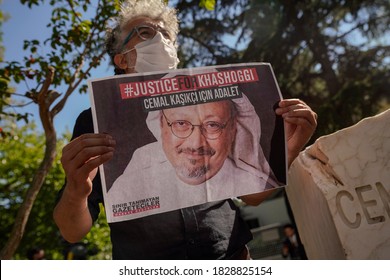 People Hold Pictures Of Jamal Khashoggi During An Event Marking Two-year Anniversary Of The Assassination Of Saudi Dissident Journalist Jamal Khashoggi At The Saudi Consulate In Istanbul, 02 10.2020