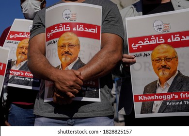 People Hold Pictures Of Jamal Khashoggi During An Event Marking Two-year Anniversary Of The Assassination Of Saudi Dissident Journalist Jamal Khashoggi At The Saudi Consulate In Istanbul, 02 10.2020