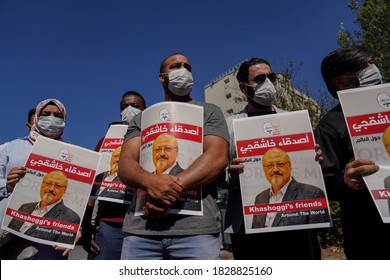 People Hold Pictures Of Jamal Khashoggi During An Event Marking Two-year Anniversary Of The Assassination Of Saudi Dissident Journalist Jamal Khashoggi At The Saudi Consulate In Istanbul, 02 10.2020