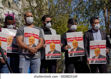 People Hold Pictures Of Jamal Khashoggi During An Event Marking Two-year Anniversary Of The Assassination Of Saudi Dissident Journalist Jamal Khashoggi At The Saudi Consulate In Istanbul, 02 10.2020