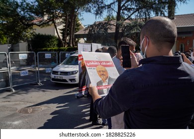 People Hold Pictures Of Jamal Khashoggi During An Event Marking Two-year Anniversary Of The Assassination Of Saudi Dissident Journalist Jamal Khashoggi At The Saudi Consulate In Istanbul, 02 10.2020