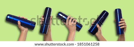 People holding blue thermoses, collage of photos on light green background. Banner design 