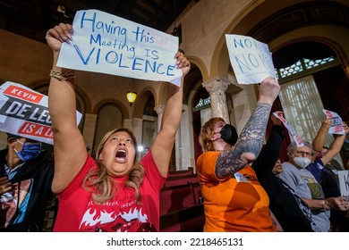 People Holding Signs Protest During The Los Angeles City Council Meeting Tuesday, Oct. 25, 2022 In Los Angeles. 