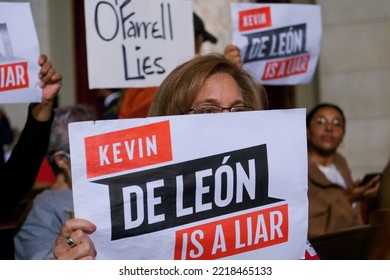 People Holding Signs Protest During The Los Angeles City Council Meeting Tuesday, Oct. 25, 2022 In Los Angeles. 