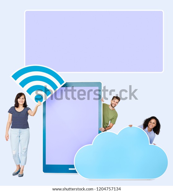 People\
holding wifi, mobile and cloud cardboard\
cutouts