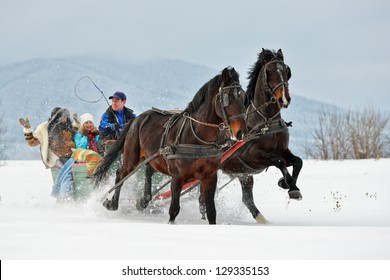 People With Horse Sledge Outdoor