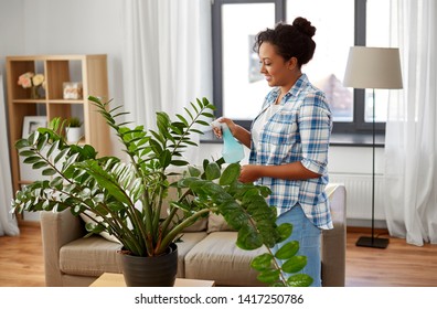 people, housework and care concept - happy african american woman or housewife spraying houseplant with water sprayer at home