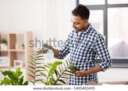 people, housework and care concept - indian man spraying houseplant by water sprayer at home
