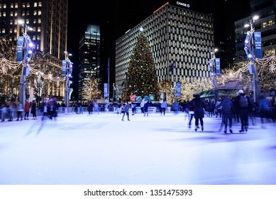 People Ice Skating In Campus Martius In Downtown Detroit Michigan USA On November 24th 2018 In Front Of The Tree