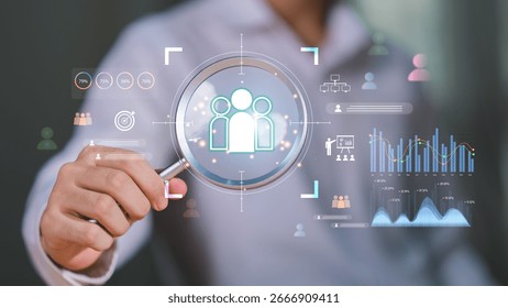 People icon with analytics and data visualization elements, representing customer analysis, target audience research, marketing strategy, data-driven decision-making for sustainable business growth