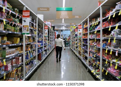 People Inside Woolworths Store At Australian Town Of Casino In New South Wales On 6 August 2018. Shoppers Walking Between The Shelves Full Of Products Inside Grocery Shop. Illustrative Editorial.