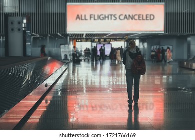 People leave the airport. girl walks through airport terminal. All flights are canceled. Ban on departure and arrival of aircraft due to covid-19 outbreak. Problems and crisis in aviation industry. - Shutterstock ID 1721766169