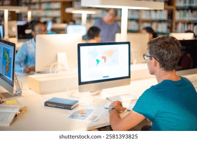 People in a library using computers. Focus on a person with short hair, wearing glasses, viewing a world map on a screen. Books and computers fill the library. Caucasian man using computer in library.
