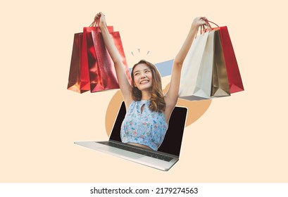 People Lifestyle In Collage Contemporary Art Style. Young Adult Asian Woman With Shopping Bags Out From Laptop For Pay Online With Banking Application Concept.