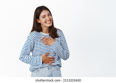 People And Lifestyle. Portrait Of Happy Brunette Woman 25 Years Old, Laughing And Smiling, Looking With Joy, Standing Over White Background