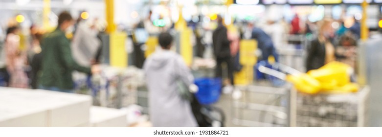 People Line In Supermarket. Bank Queue Checkout. Office Lobby Crowd. Wholesale At Mall. Hospital Service Registration. Exhibition Interior. Yellow Room. Horizontal Banner. Copyspace