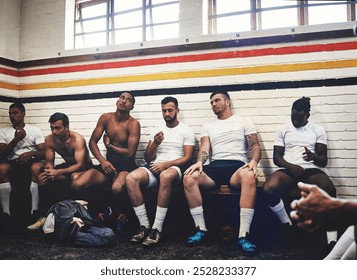 People, locker room and relax together for sports, rugby training and players break for wellness. Men, tough and strong athletes for fitness commitment to game, team and support for match exercise - Powered by Shutterstock