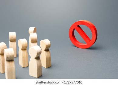 People look at red prohibition sign NO. Restriction of rights and freedoms, legislative prohibition laws and rules. Taboo, rejection. Abolition of restrictive measures under society pressure. - Shutterstock ID 1727577010