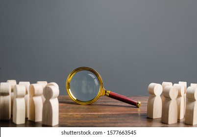 People Looking At Big Magnifying Glass. Search And Tracing Concept, Find Out The Truth, Solution To The Problem. Research, Review And Exloration. Search For Work. Analytics And Focus