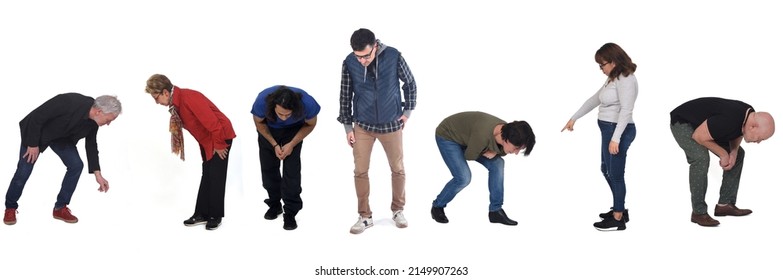 people looking at the ground on white background