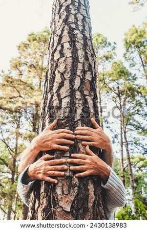People and love for nature environment concept with hands hugging a trunk tree in the forest - stop deforestation and save the eart planet mission - earth's day celebration