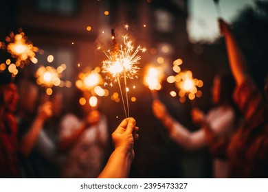 people make a wish and sparklers, merry christmas, happy new year, holiday 2024. High quality photo