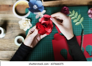 People Making Paper Craft Flower Art