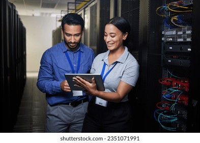 People, manager and tablet for server room, cybersecurity, engineering, programming or coding solution. Business man and woman in data center, digital technology and hardware or software teamwork - Powered by Shutterstock