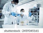 People, mask or scientists on tablet for liquid results, life extension or antiaging medicine in laboratory. Teamwork, vial or biologists with chemistry research, test tube or science info update