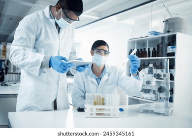 People, mask or scientists on tablet for liquid results, life extension or antiaging medicine in laboratory. Teamwork, vial or biologists with chemistry research, test tube or science info update - Powered by Shutterstock